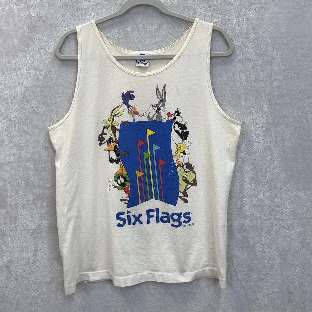 VTG Six Flags Tank Mens L White Looney Tunes Bugs Bunny Warner Bros 1995 90s USA